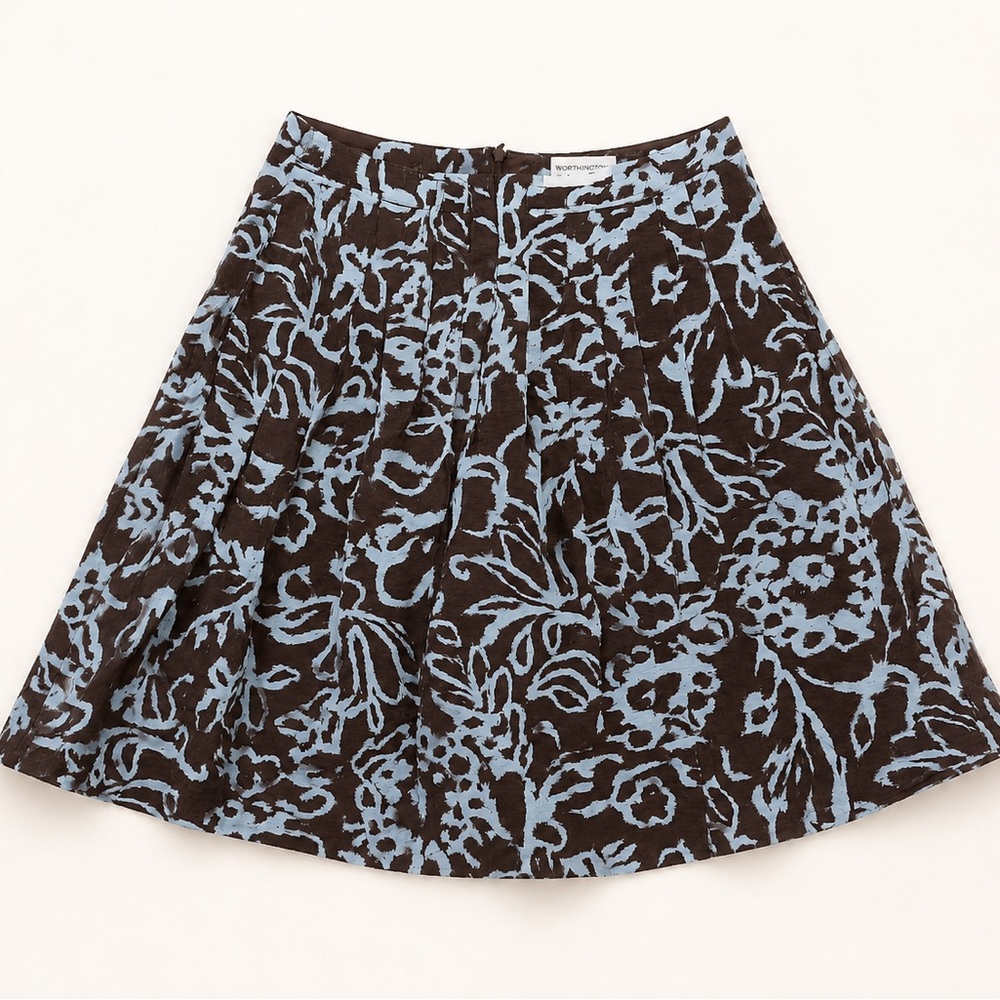 Worthington Brown Blue Floral Linen Silk Pleated A-Line Skirt Lined Sz 8 preppy